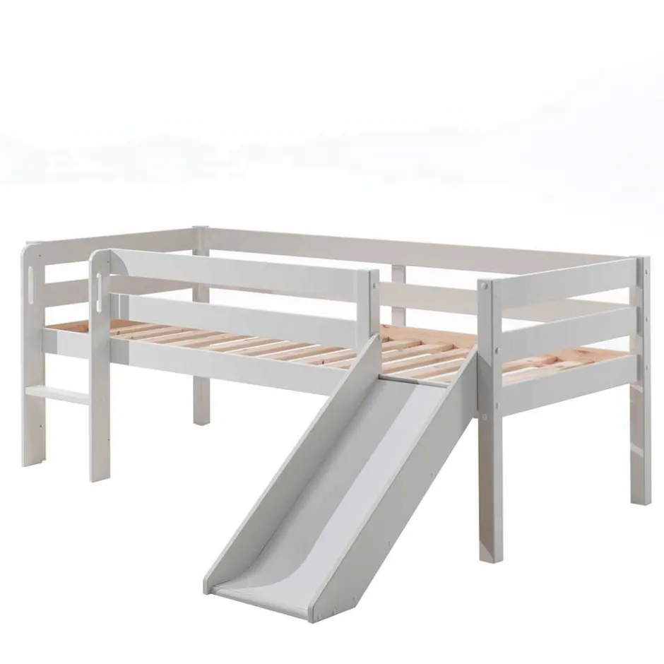 Kinder Wohnen Weißes Hochbett mit Rutsche - nur 83 cm hoch - Kendalas