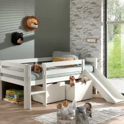 Kinder Wohnen Weißes Hochbett mit Rutsche - nur 83 cm hoch - Kendalas