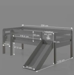Kinder Wohnen Weißes Hochbett mit Rutsche - nur 83 cm hoch - Kendalas