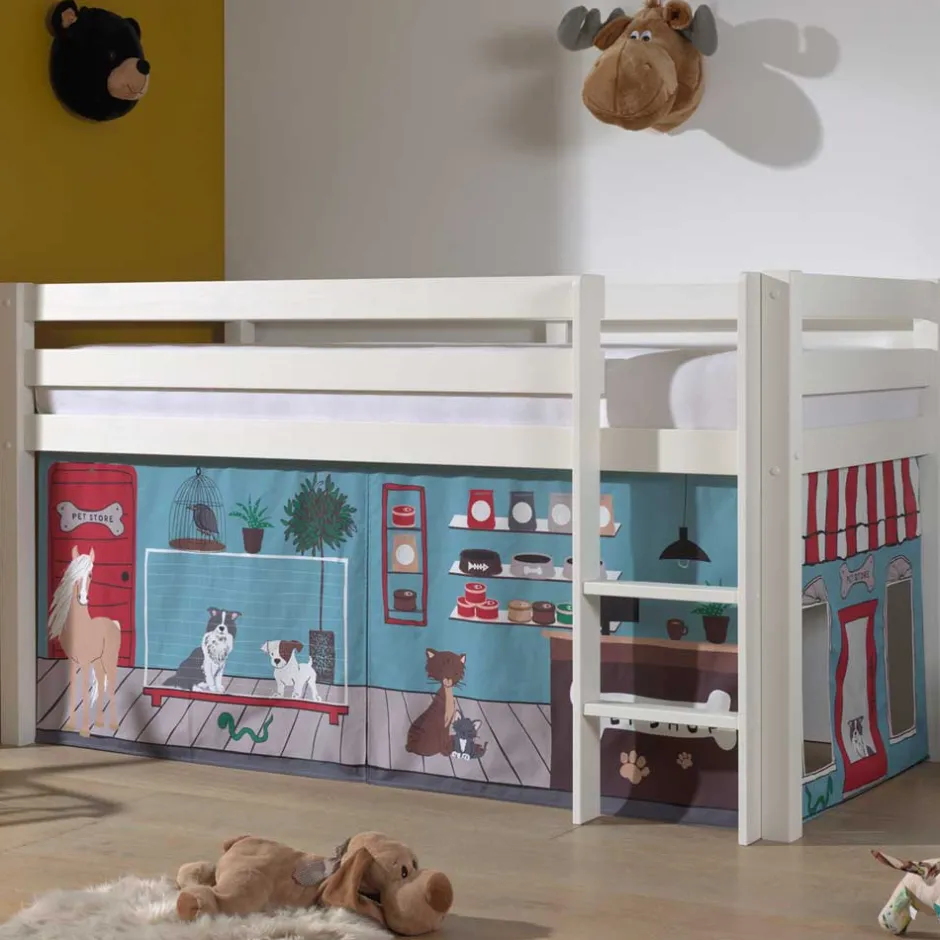 Kinder Wohnen Weißes Hochbett mit Spielvorhang Zooladen - Nadals