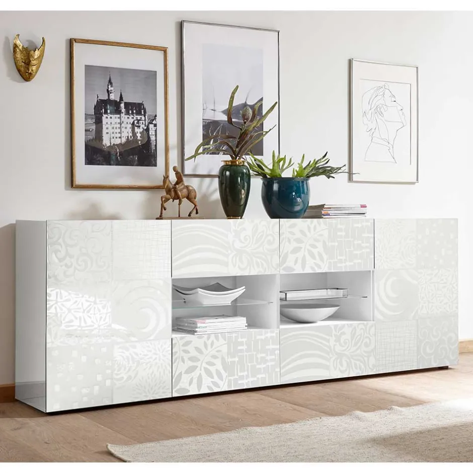 Wohnen Weißes Hochglanz Sideboard 241 cm breit - Vascaub
