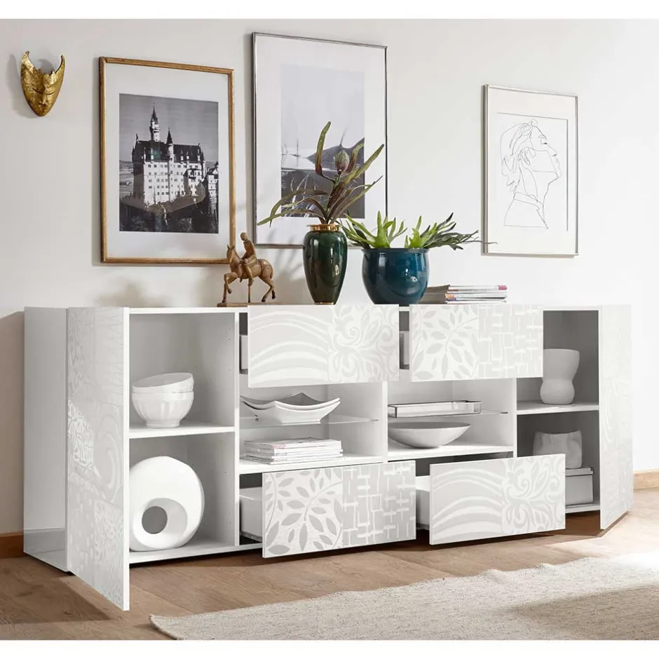 Wohnen Weißes Hochglanz Sideboard 241 cm breit - Vascaub