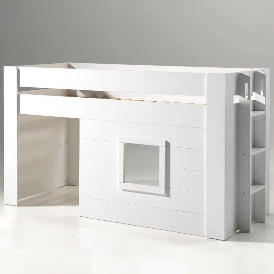 Kinder Wohnen Weißes Kinder-Hochbett im Hütten Design - Renus