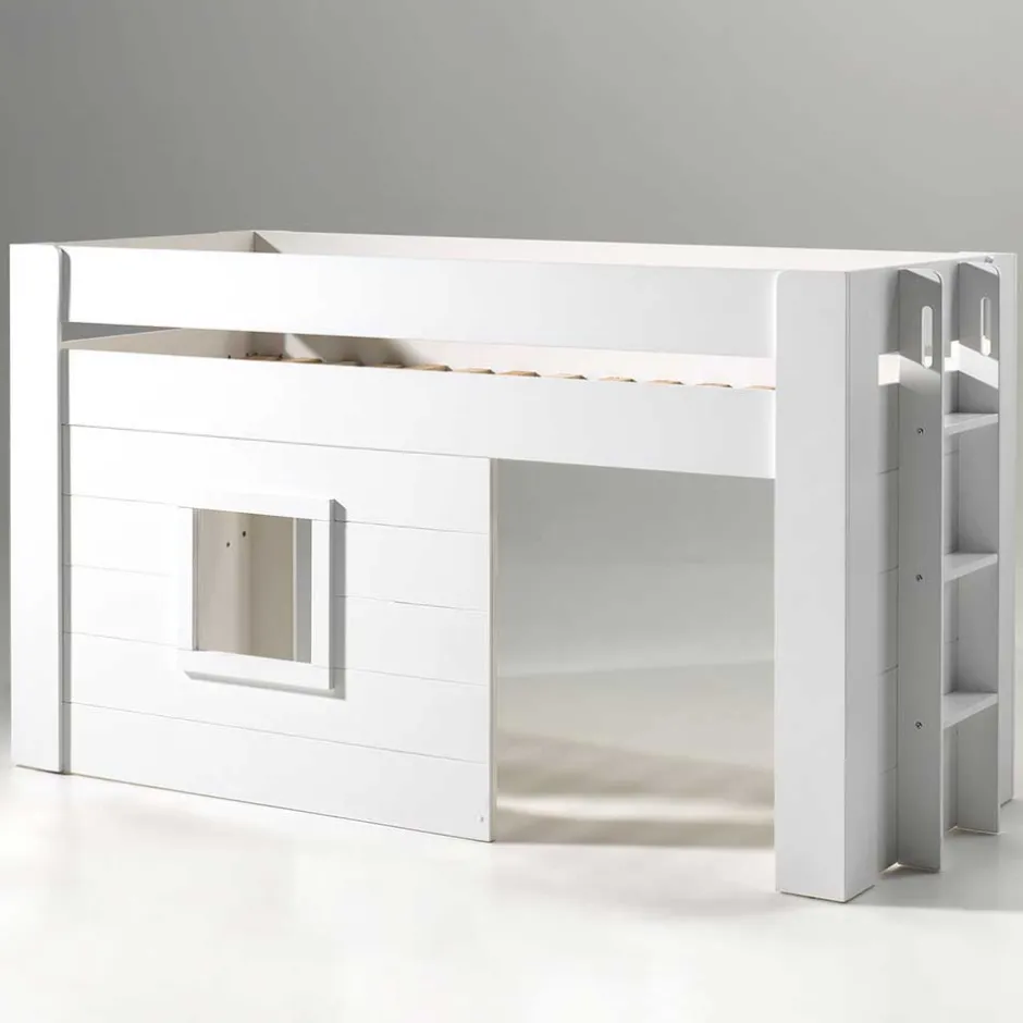 Kinder Wohnen Weißes Kinder-Hochbett im Hütten Design - Renus