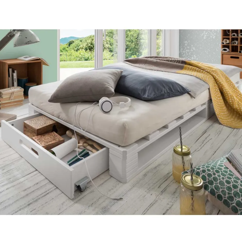 Wohnen Weißes Palettenbett aus Kiefer Massivholz - Idena