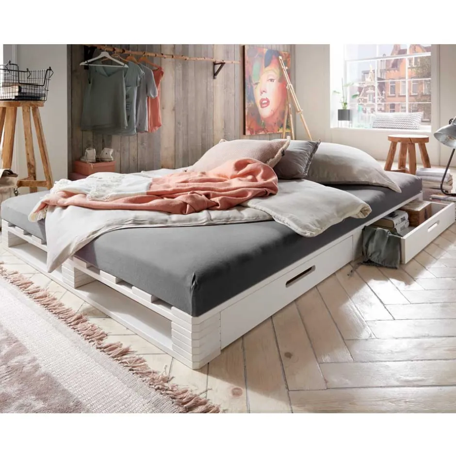 Wohnen Weißes Palettenbett aus Kiefer Massivholz - Idena