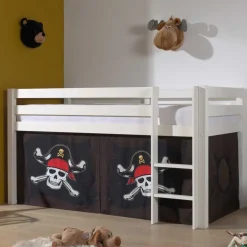 Kinder Wohnen Weißes Piraten Hochbett mit Vorhang in Schwarz - Paisly