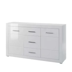 Weißes Sideboard mit Hochglanz Front Yulis & Chrom Metallgriffen^Wohnen Discount