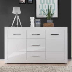 Weißes Sideboard mit Hochglanz Front Yulis & Chrom Metallgriffen^Wohnen Discount