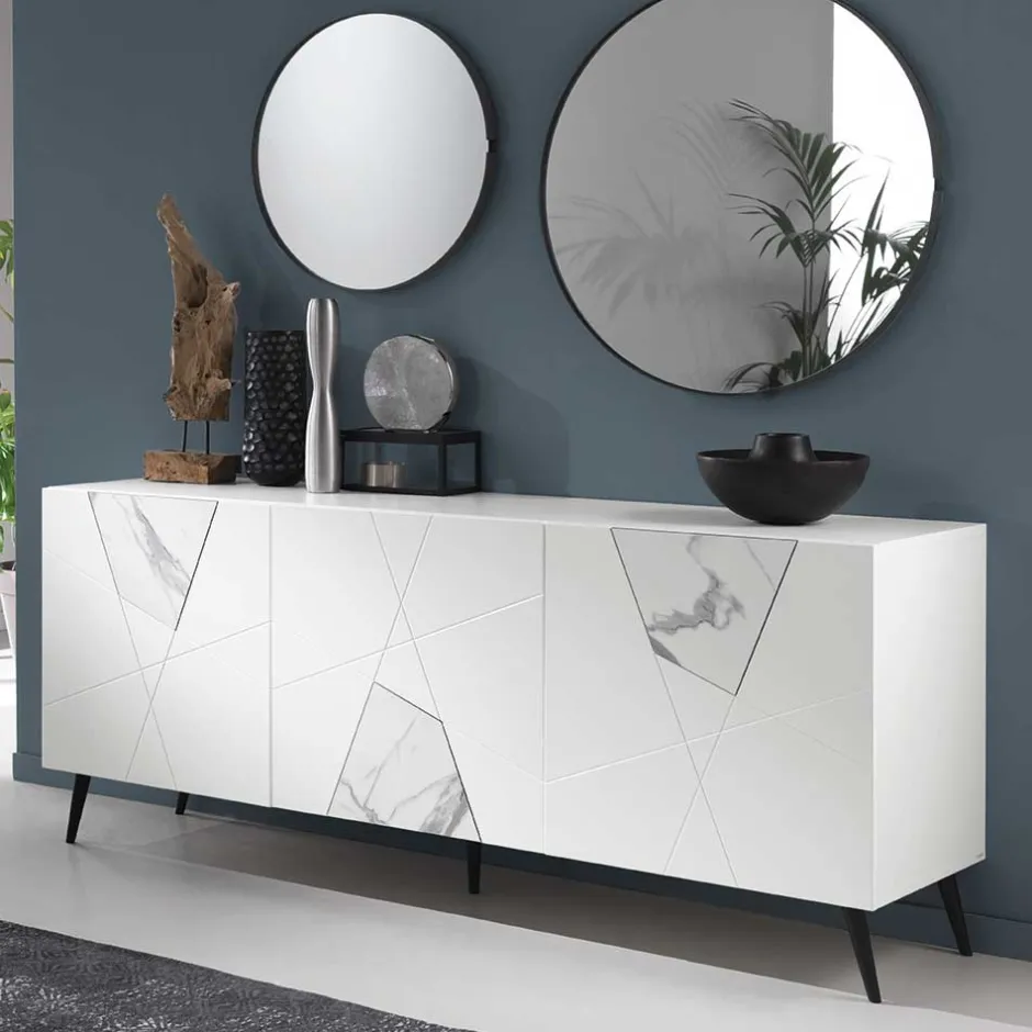 Wohnen Weißes Sideboard mit Marmor Einsätzen Grau - Eleonora