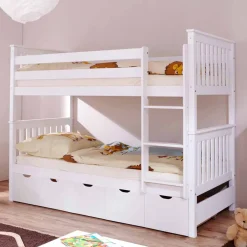 Kinder Wohnen Weißes Stockbett aus Massivholz Kiefer Huelca mit 5 Schubkästen