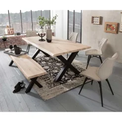 White Wash Essgruppe mit X-Fuß Tisch - Tilveta I (sechsteilig)^Wohnen New