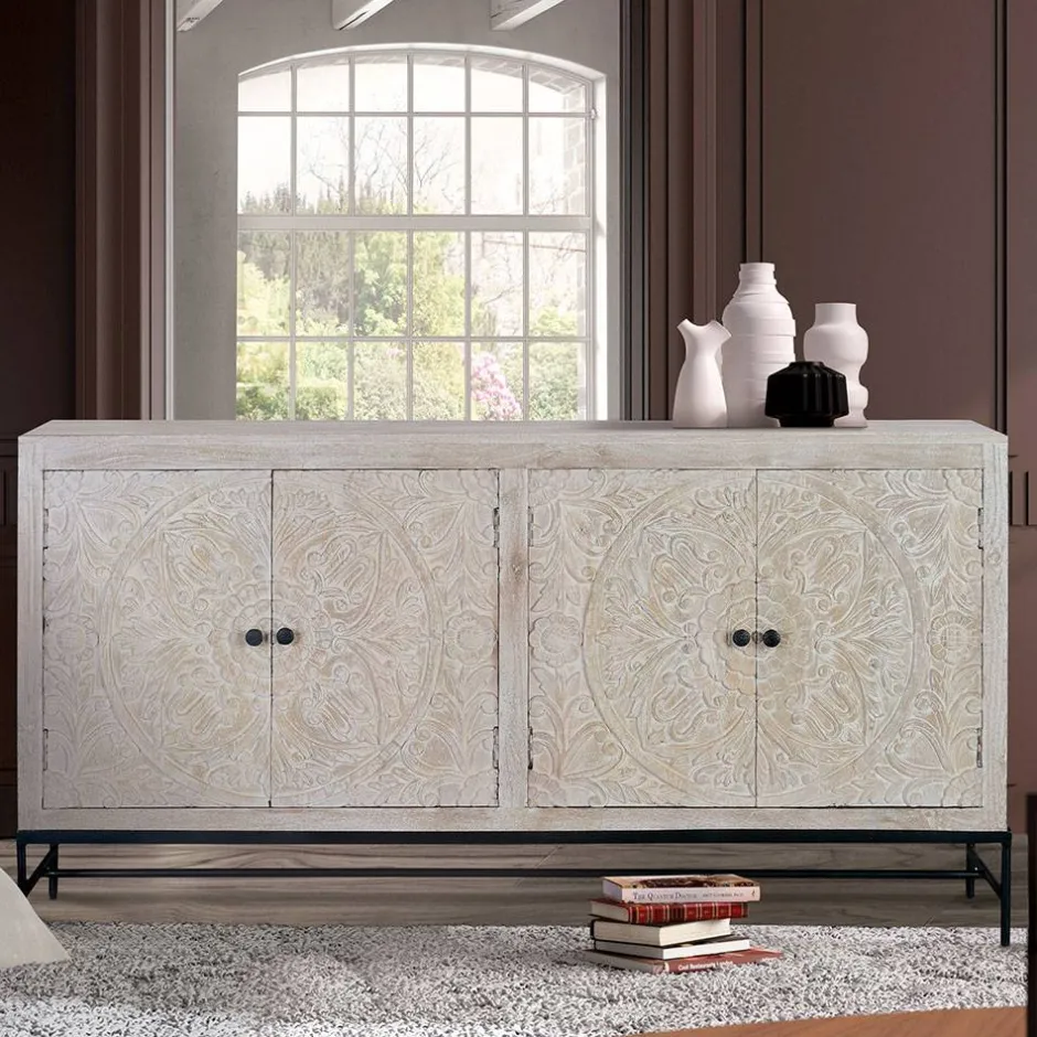 White Wash Sideboard mit Mandala Schnitzerei - Bonany^Wohnen Sale