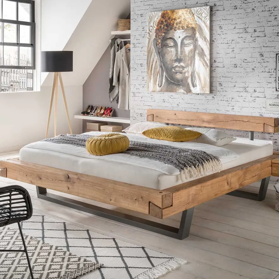 Wohnen Wildeiche Balkenbett in Schwebeoptik Iloventa mit Metallkufen Industrial