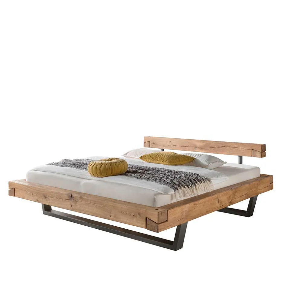 Wohnen Wildeiche Balkenbett in Schwebeoptik Iloventa mit Metallkufen Industrial