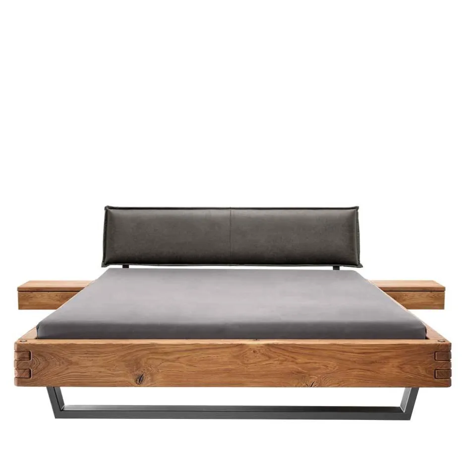 Wohnen Wildeiche Balkenbett mit Leder-Kopfteil - Reneva