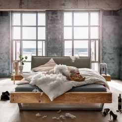 Wohnen Wildeiche Balkenbett mit Leder-Kopfteil - Abrahams