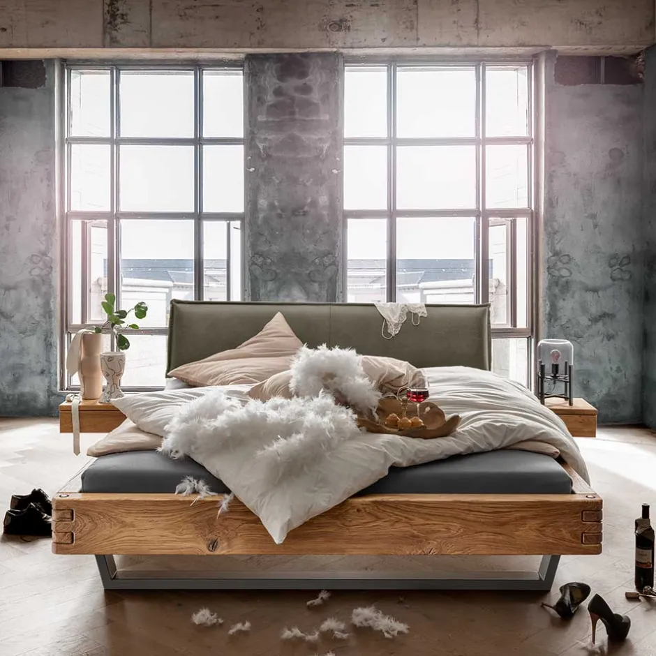 Wohnen Wildeiche Balkenbett mit Leder-Kopfteil - Abrahams