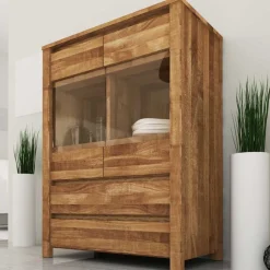 Wildeiche Highboard Nadalia massiv geölt Glas^Wohnen Online