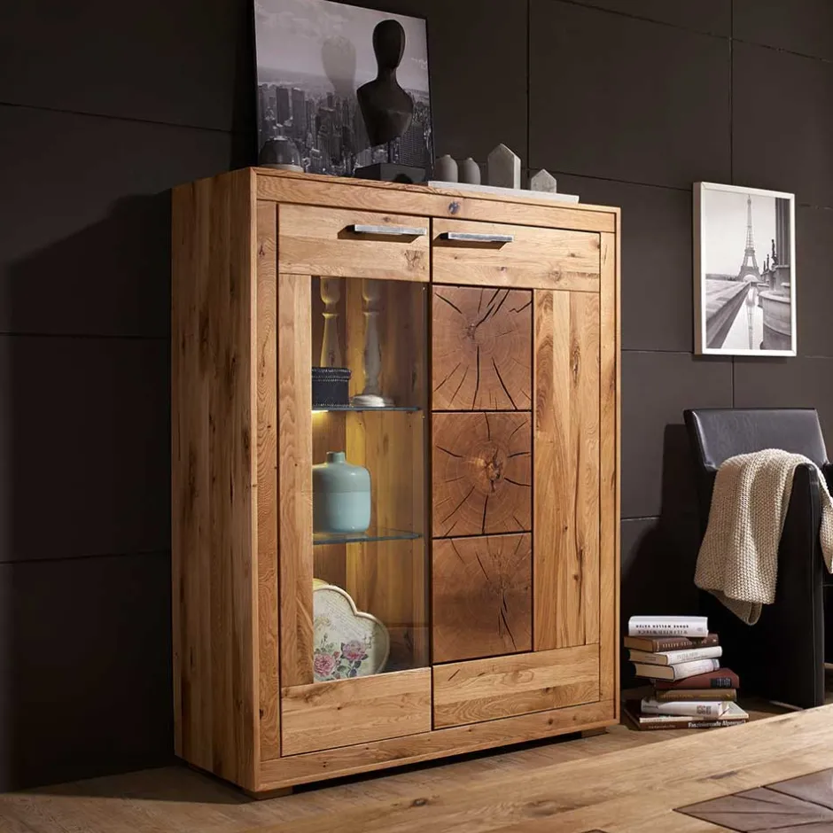 Wohnen Wildeiche Highboard Troncon mit Glas Einsatz