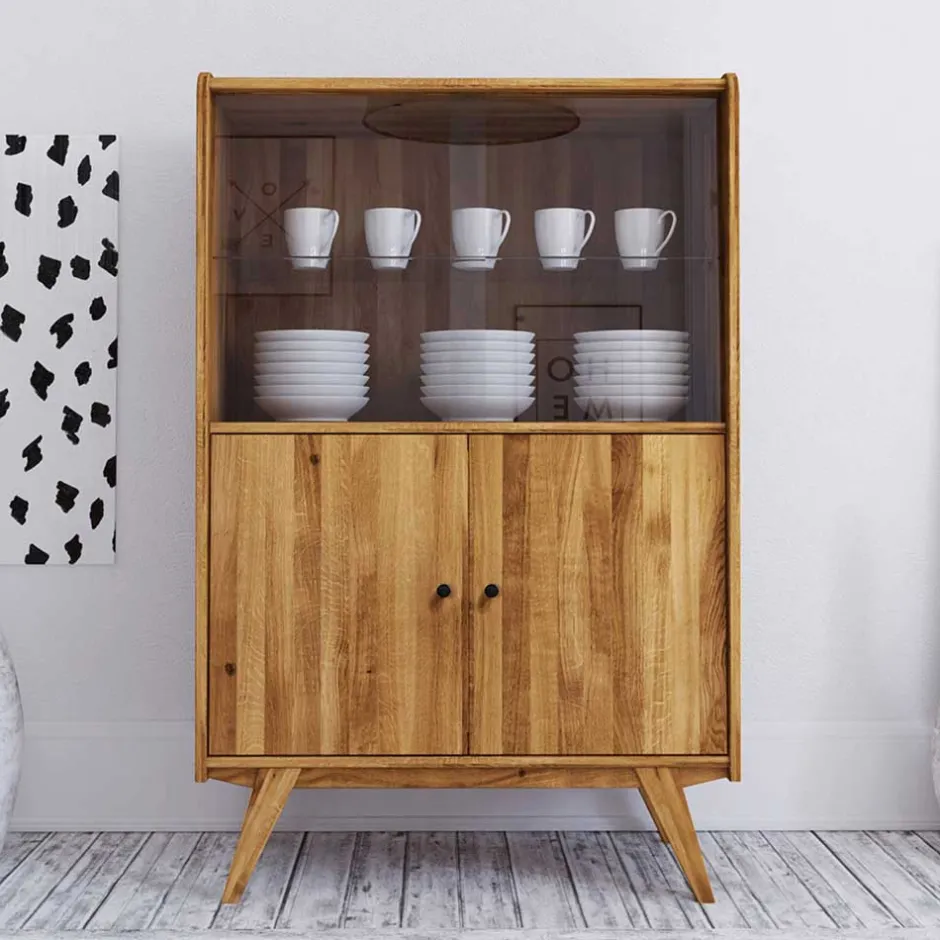 Wohnen Wildeiche Mid Century Schrank mit zwei Glas Türen - Hardus