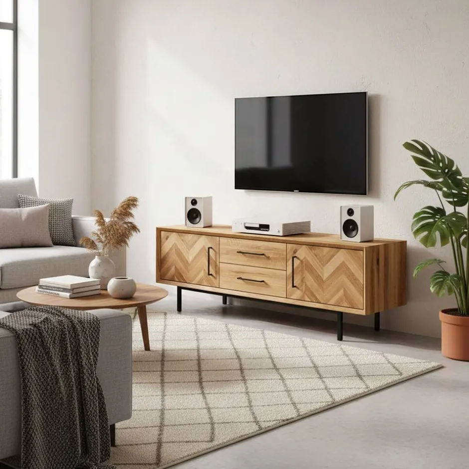 Wohnen Wildeiche TV Lowboard mit Fischgrät Design - Kerfa