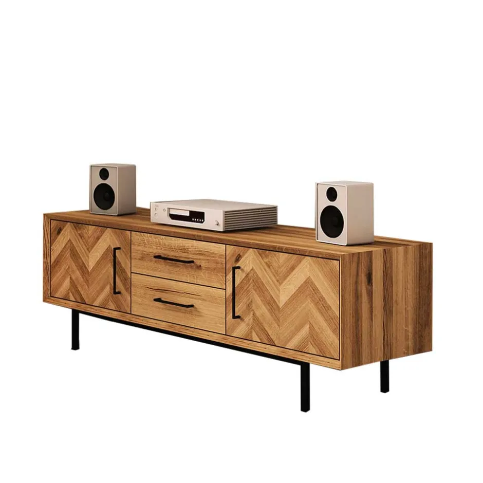 Wohnen Wildeiche TV Lowboard mit Fischgrät Design - Kerfa