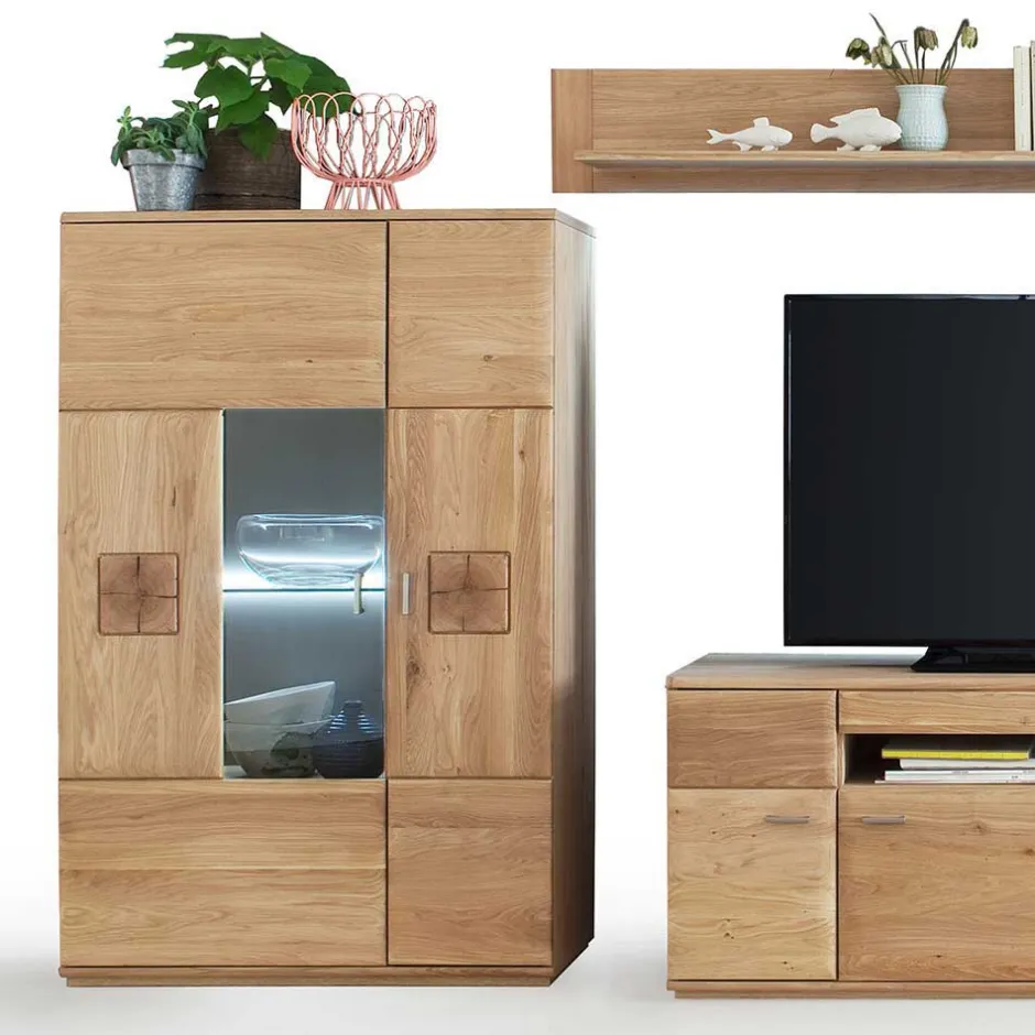 Wohnen Wohnkombination in Eiche Bianco teilmassiv Pontros optional mit LED (vierteilig)