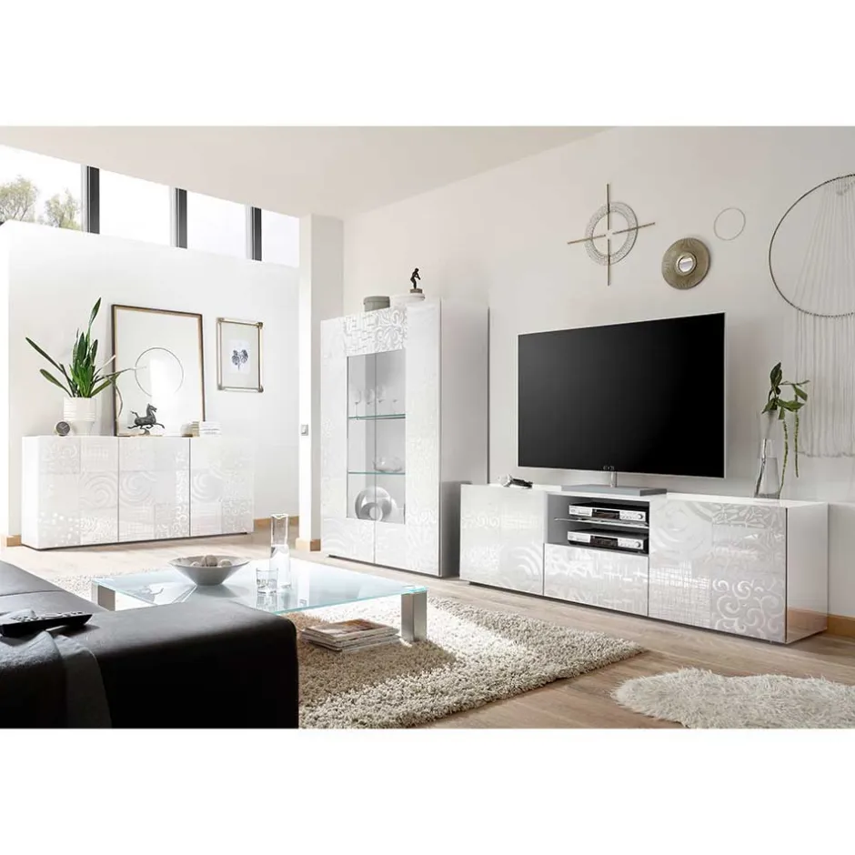 Wohnen Wohnwand Hochglanz in Weiß - Vascaub (dreiteilig)