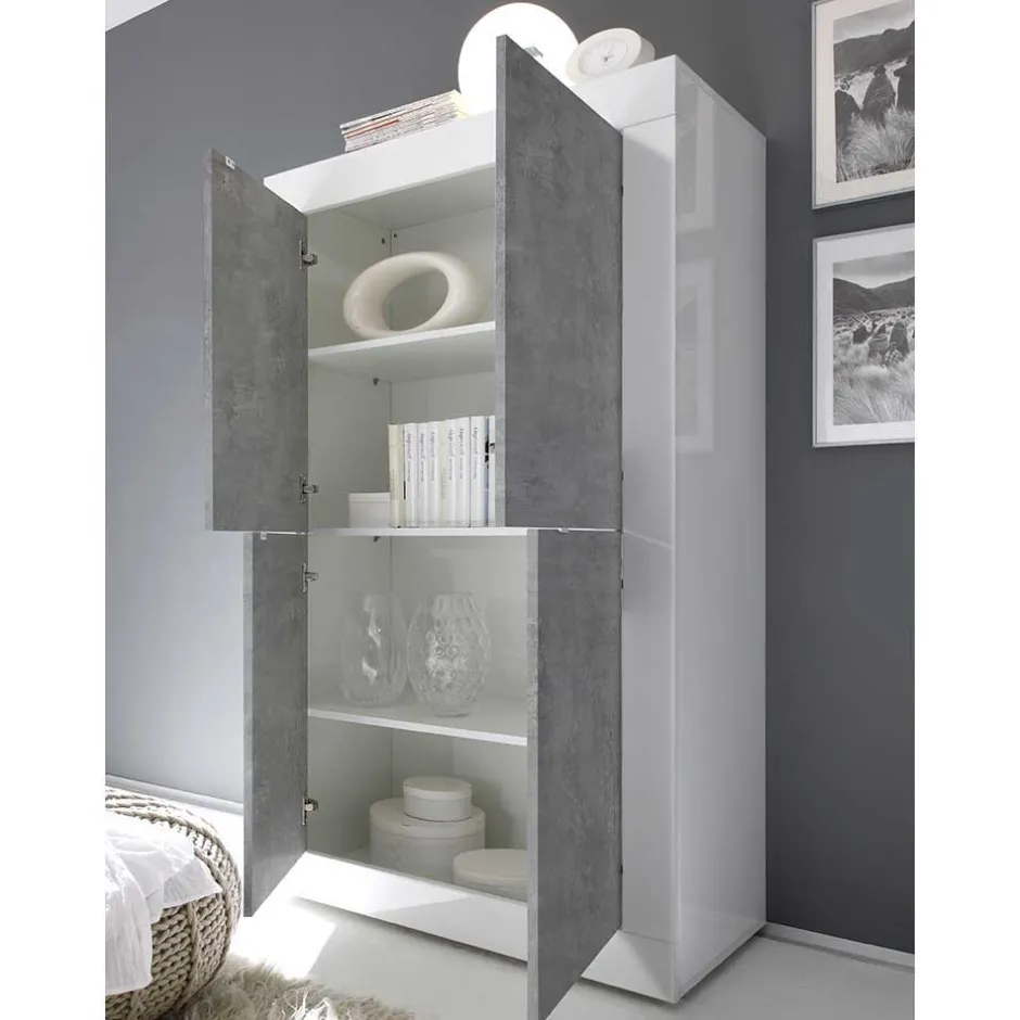 Wohnen Wohnwand in Beton Optik & Weiß HG - Narandu (dreiteilig)