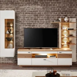 Wohnen Wohnzimmer Anbauwand in Weiß mit Wildeiche - Niam (dreiteilig)