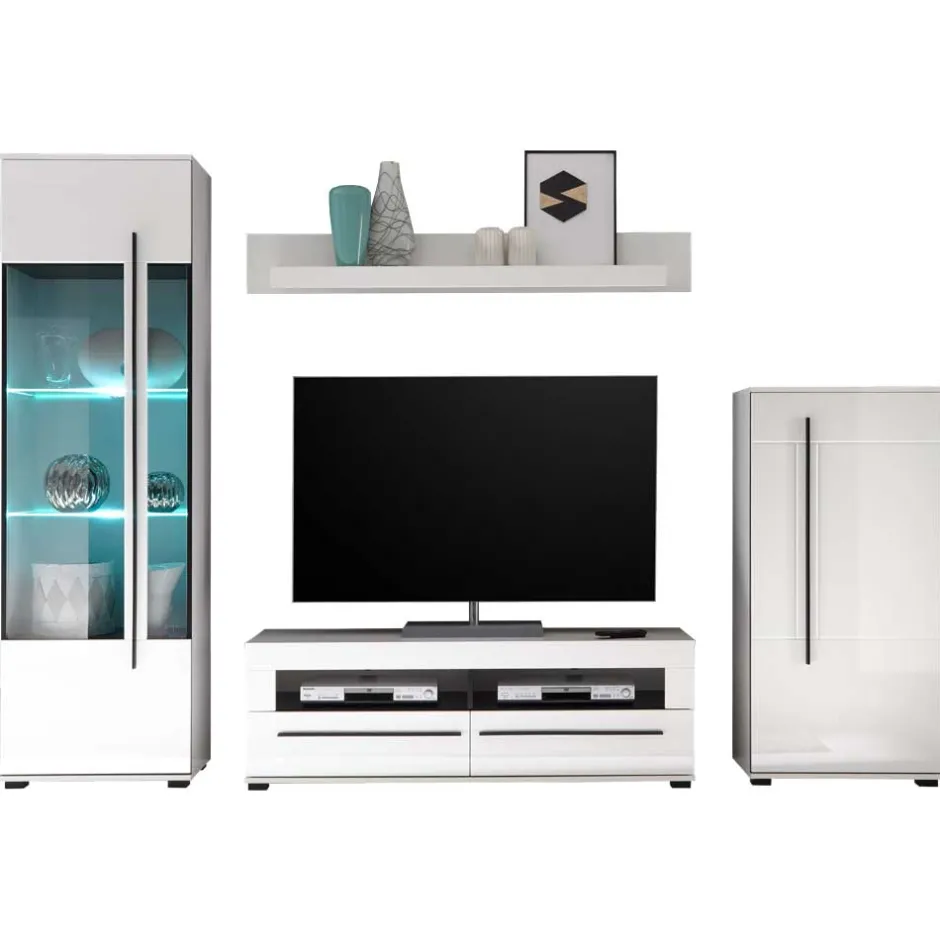 Wohnen Wohnzimmer Anbauwand Jetongos in Weiß Hochglanz (vierteilig)