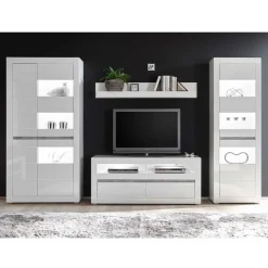 Wohnen Wohnzimmer Möbel Programm in Hochglanz Weiß Mextra mit Beton Dekpr (vierteilig)