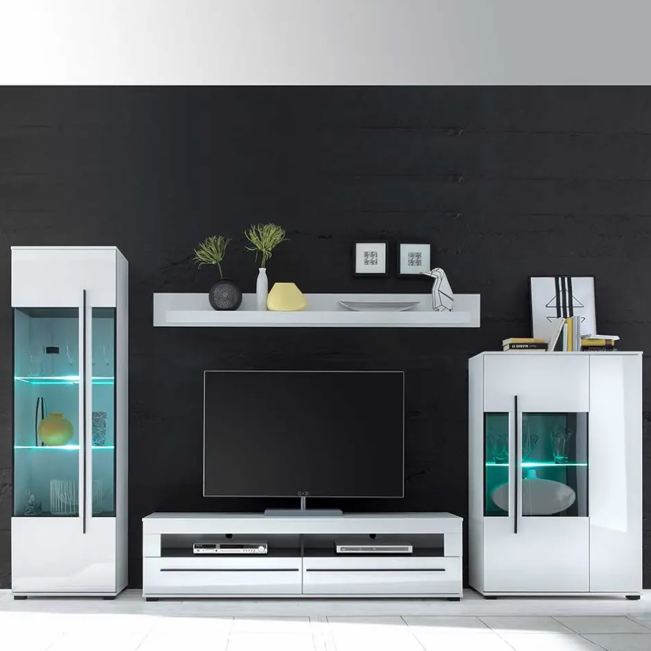 Wohnzimmer Schrankwand Eila in Hochglanz Weiß (vierteilig)^Wohnen