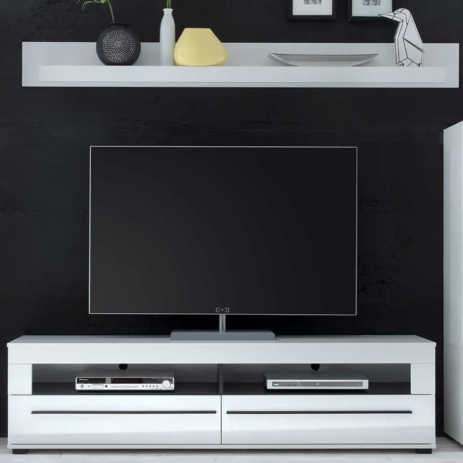 Wohnzimmer Schrankwand Eila in Hochglanz Weiß (vierteilig)^Wohnen