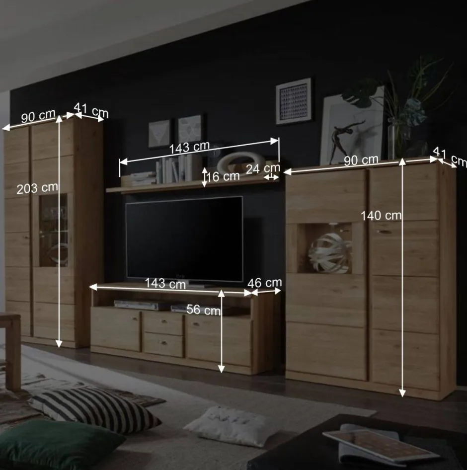 Wohnzimmer Schrankwand Smonia aus Wildeiche hell (vierteilig)^Wohnen New