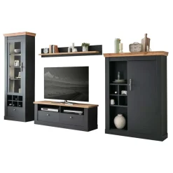 Wohnen Wohnzimmer TV Wohnwand in Grau mit Wildeiche - Lionel (vierteilig)