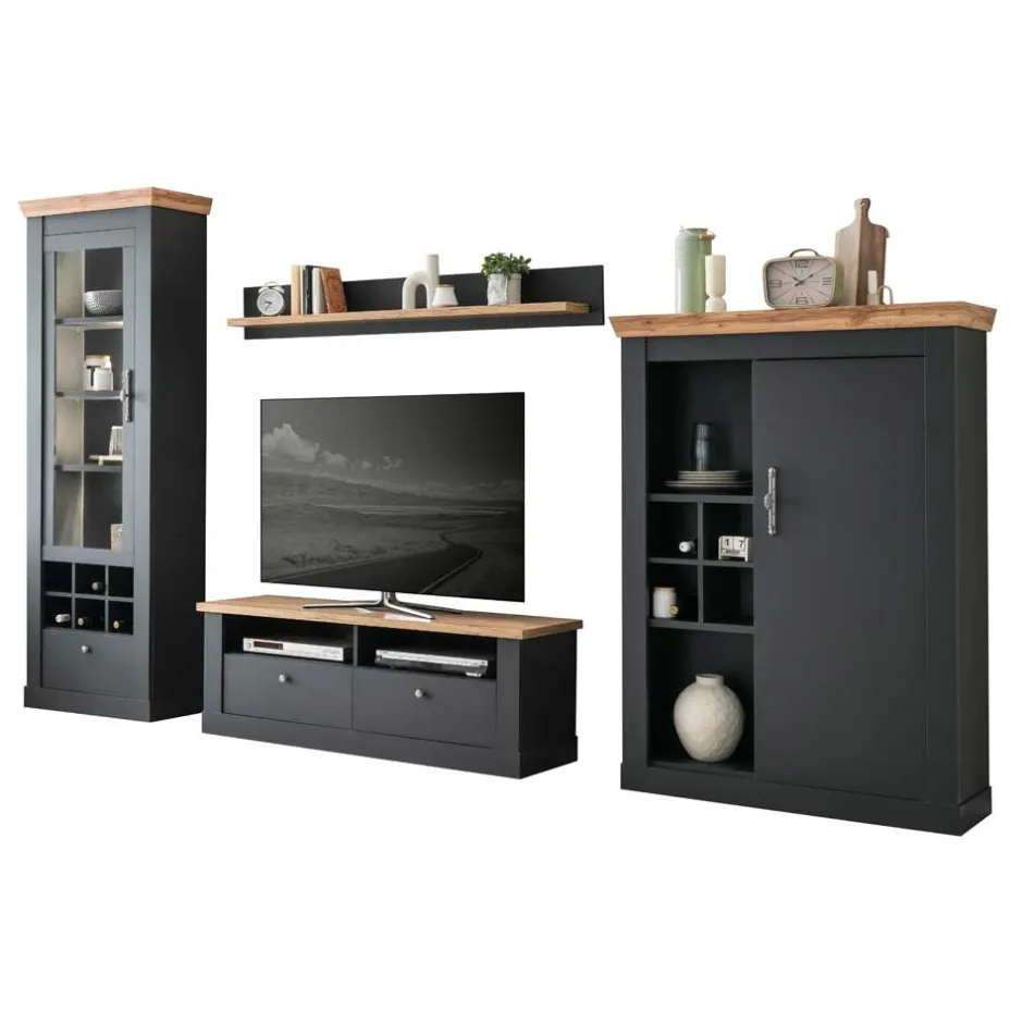 Wohnen Wohnzimmer TV Wohnwand in Grau mit Wildeiche - Lionel (vierteilig)