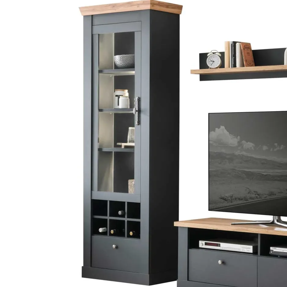 Wohnen Wohnzimmer TV Wohnwand in Grau mit Wildeiche - Lionel (vierteilig)