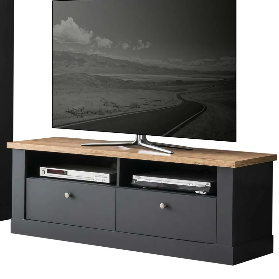 Wohnen Wohnzimmer TV Wohnwand in Grau mit Wildeiche - Lionel (vierteilig)