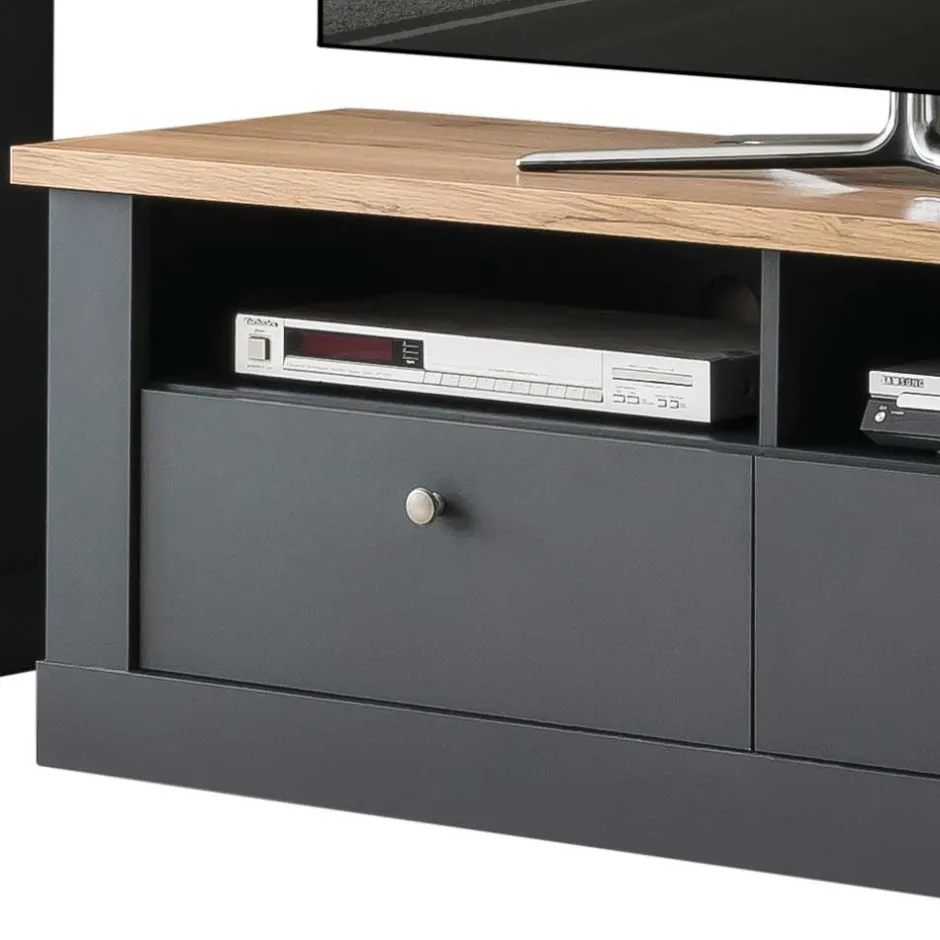 Wohnen Wohnzimmer TV Wohnwand in Grau mit Wildeiche - Lionel (vierteilig)