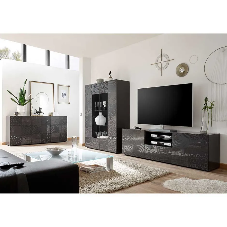 Wohnen Wohnzimmerschränke in Grau glänzend - Ipatal (dreiteilig)