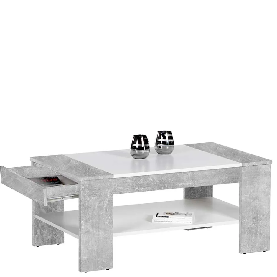 Wohnen Wohnzimmertisch mit Schublade & Ablage in Beton NB - Cadylica