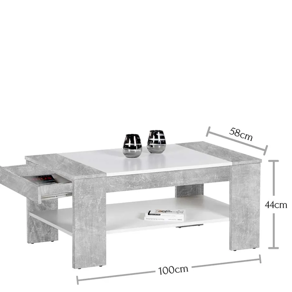 Wohnen Wohnzimmertisch mit Schublade & Ablage in Beton NB - Cadylica
