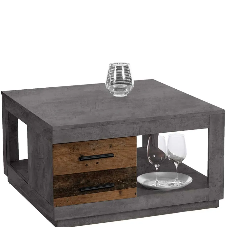 Wohnen 80x80 cm Couchtisch in Beton Optik & Antik Holz NB - Imlory