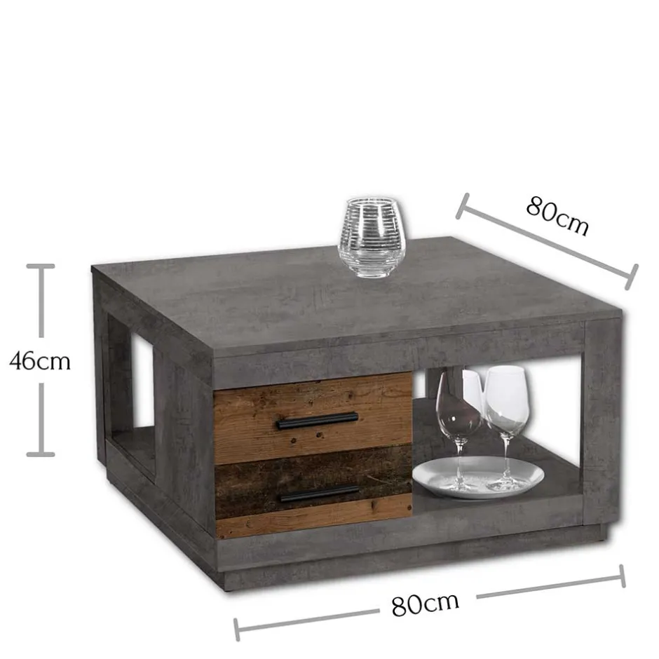 Wohnen 80x80 cm Couchtisch in Beton Optik & Antik Holz NB - Imlory