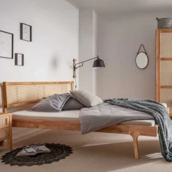 Wohnen 140x200 Holzbett aus Wildeiche mit Rattan - Ambrosso