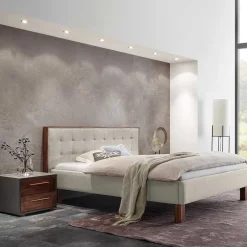 140x200 Polsterbett in Beige und Nussbaum - Kyras^Wohnen Discount