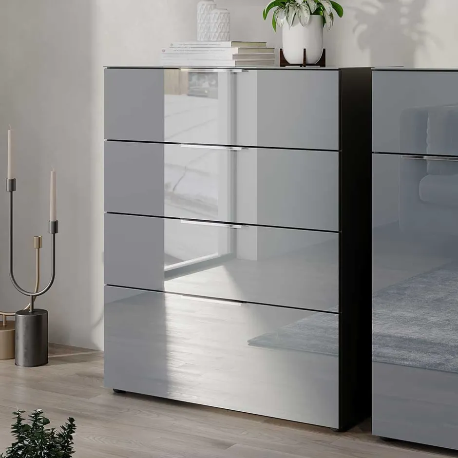 Wohnen 83x102x42 4 Schubladen Kommode mit Glas Front - Ruudy