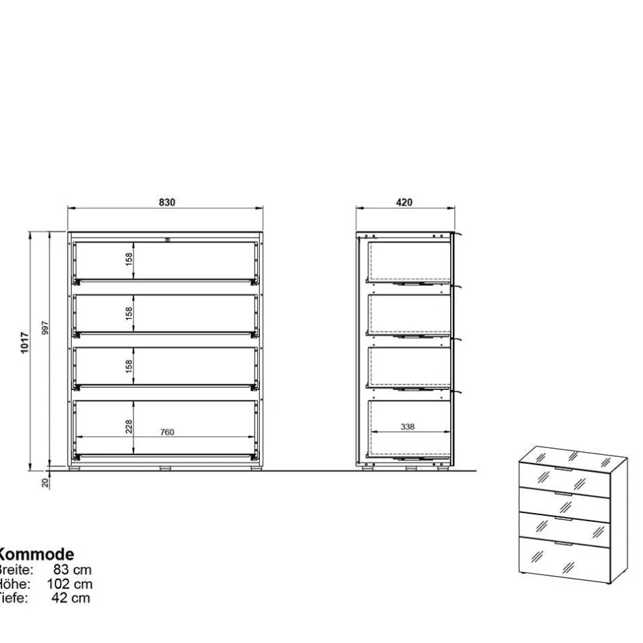 Wohnen 83x102x42 4 Schubladen Kommode mit Glas Front - Ruudy